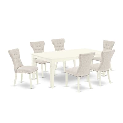 Victorian Vintage Kitchen Dining Set - 7 Piece Table & Chair Set - Linen White Finish - Solid Wood Frame - 84