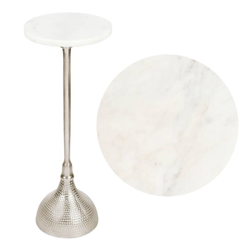 23.75″ Metal Pedestal Drink, End Table w/ White Marble Round Top & Hammered Base, By JONATHAN Y