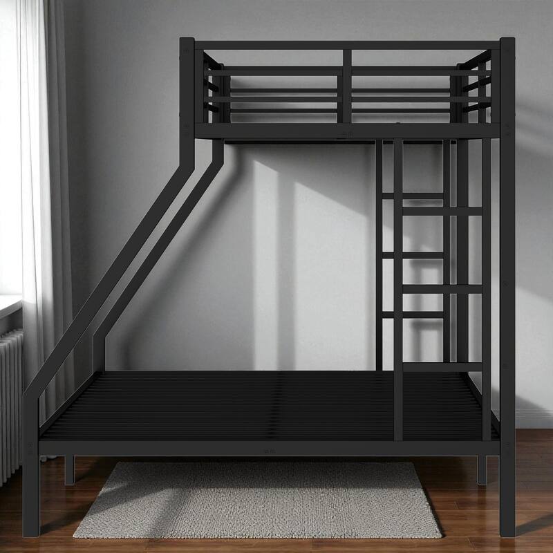 Metal Twin XL over Queen Bunk Bed Frame with Guardrails, Two-Side Ladder, Noise-Free & Space-Saving Design