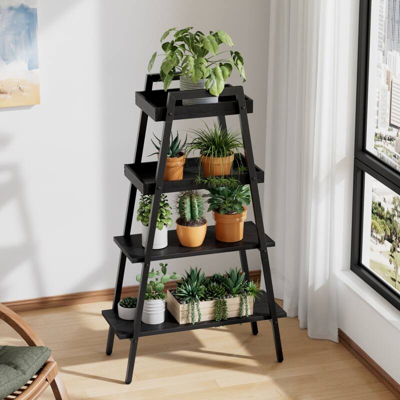 VECELO Modern 4-Tier Corner Ladder Bookshelf Metal & Waterproof MDF Shelves for Living Room Kitchen & Bathroom Corner Bookcase