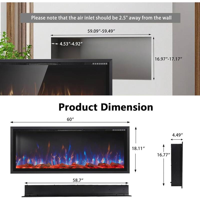 BOSSIN Recessed Wall Mount Electric Fireplace - Ultra-Narrow Frame, Low Noise, Remote w/Timer, Adjustable Flame Color & Speed