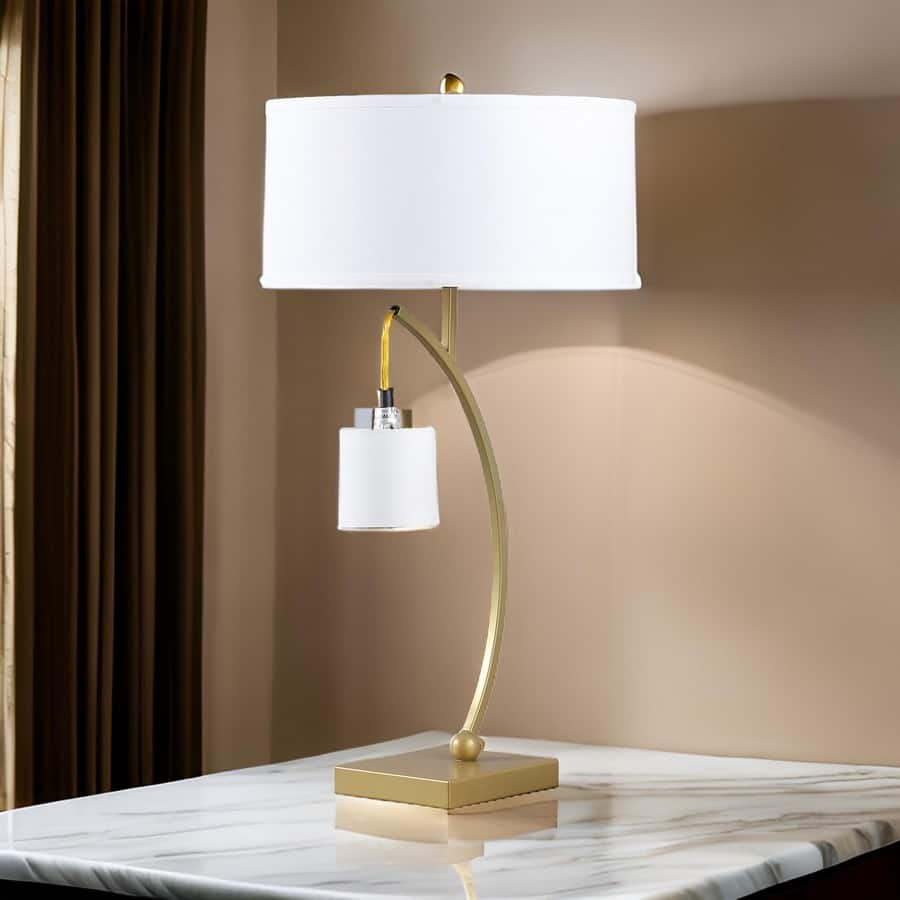 Jiya 29 Inch Arc Table Lamp, Hanging Design, 2 White Drum Shades, Gold