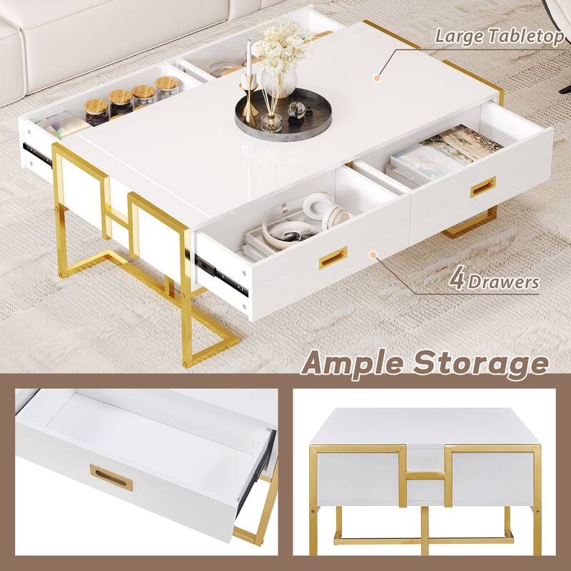 47.3'' Modern Rectangular Coffee Table with 4 Storage Drawers and Gold Metal Base for Living Room
