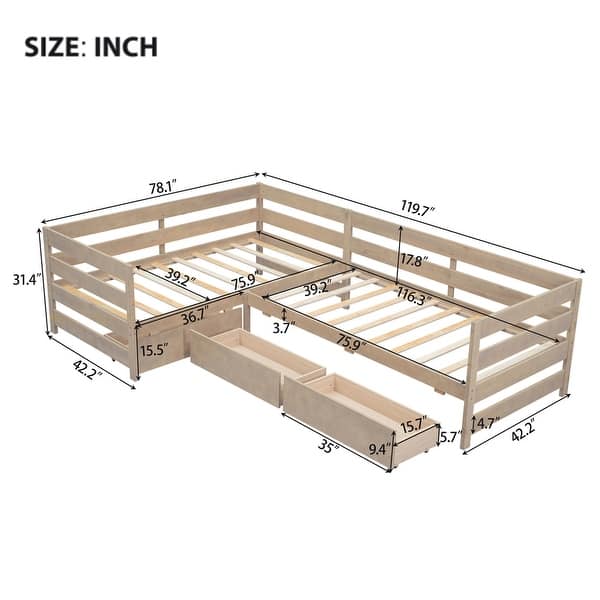 dimension image slide 0 of 2, Twin Size L-shaped Platform Bed with Three Storage Drawers