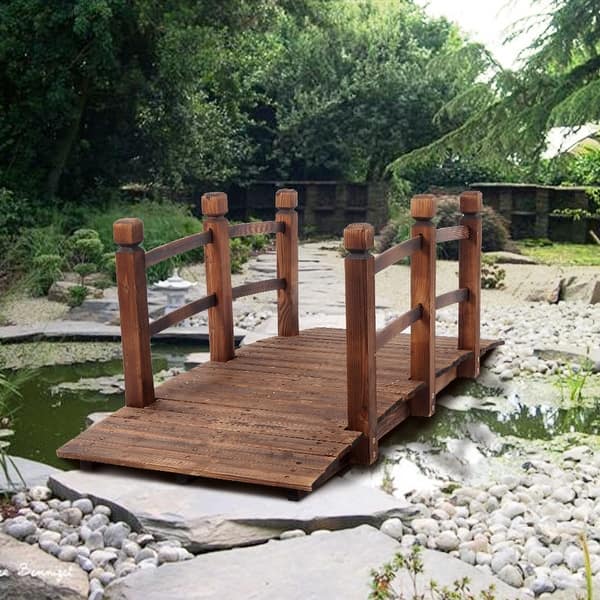 slide 2 of 8, Outdoor Anticorrosive 59-inch Arch Courtyard Wooden Bridge Carbonized