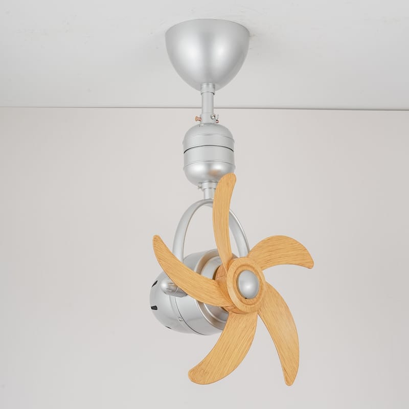 5-Speed 5-Blade Mid-Century Modern Silver Metal & Natural Wood-Tone Plastic Ceiling Fan with Remote for Living Room