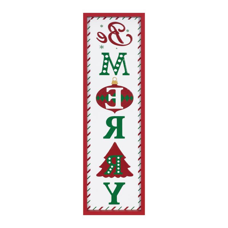 HomeRoots 30" X 9" Green Red And White Christmas Be Merry Iron Hanging Wall Decor