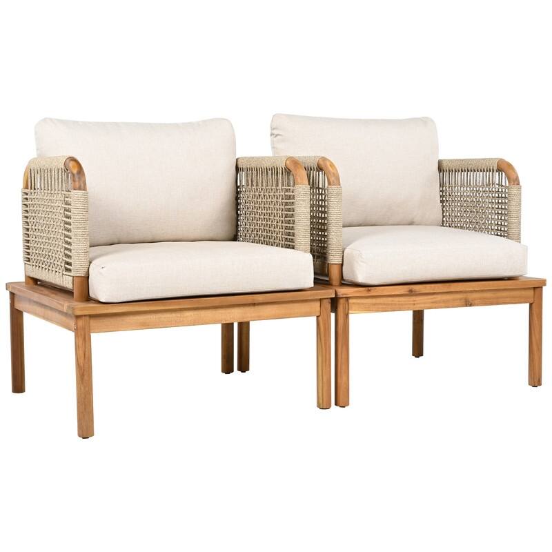 Outdoor Acacia Wood and Rope Club Chair with Cushions (Set of 2 / MP2) - 26.75in. W X28.75in.DX27.00in. H