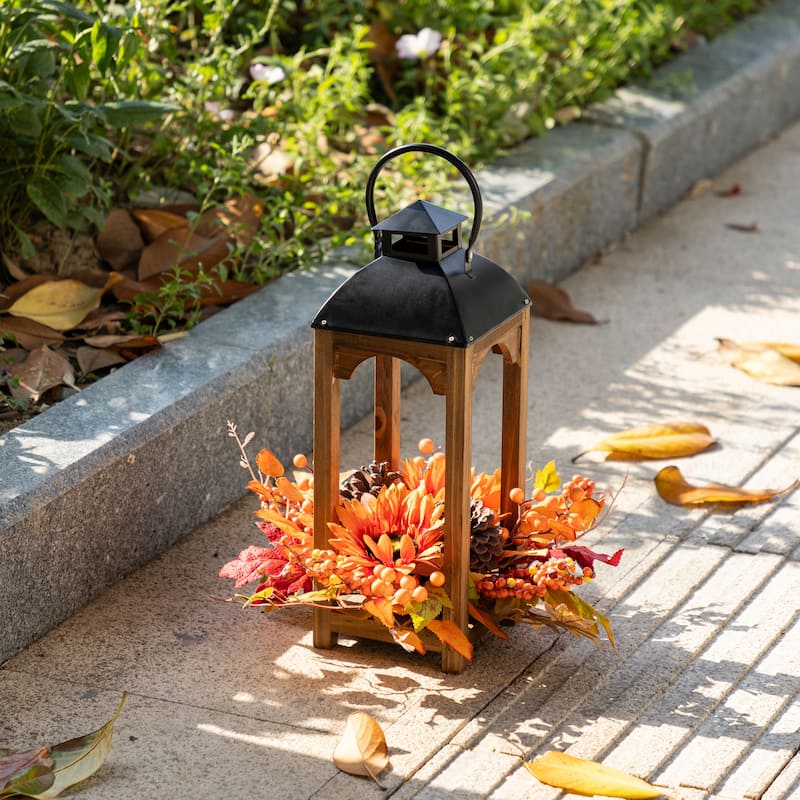 Glitzhome 20"H Fall Pumpkin Sunflower Pine Cone Wooden Hanging Lantern Table Centerpiece