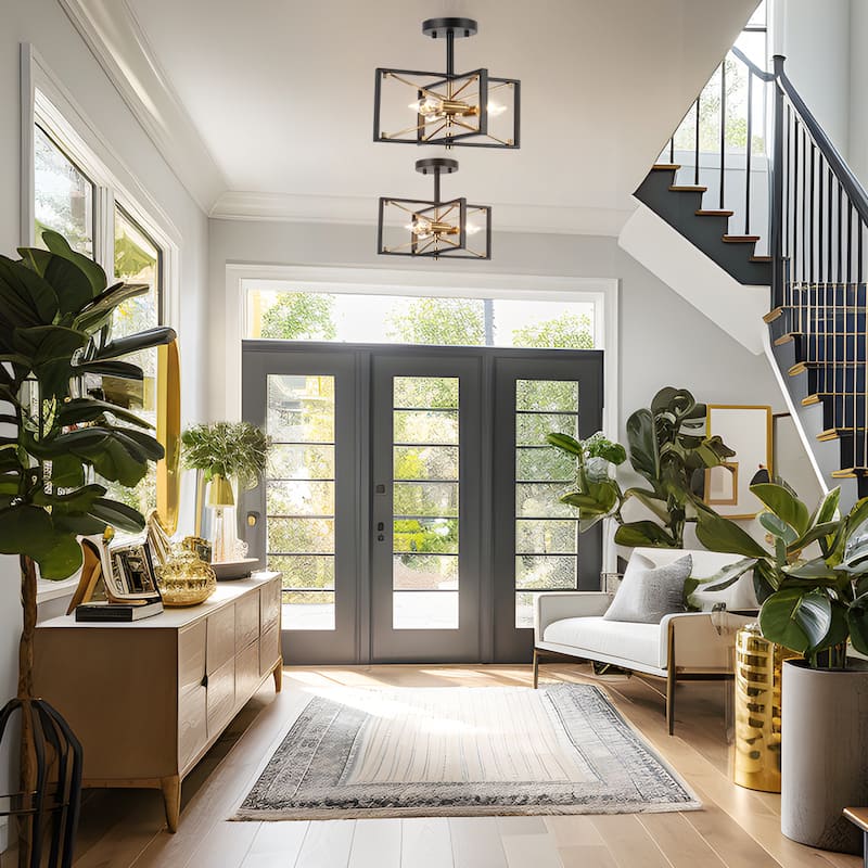 Modern Black Gold 3-Light Sputnik Semi-Flush Mount Ceiling Light Cage Starburst Chandeliers - 13"L x 10.5"H