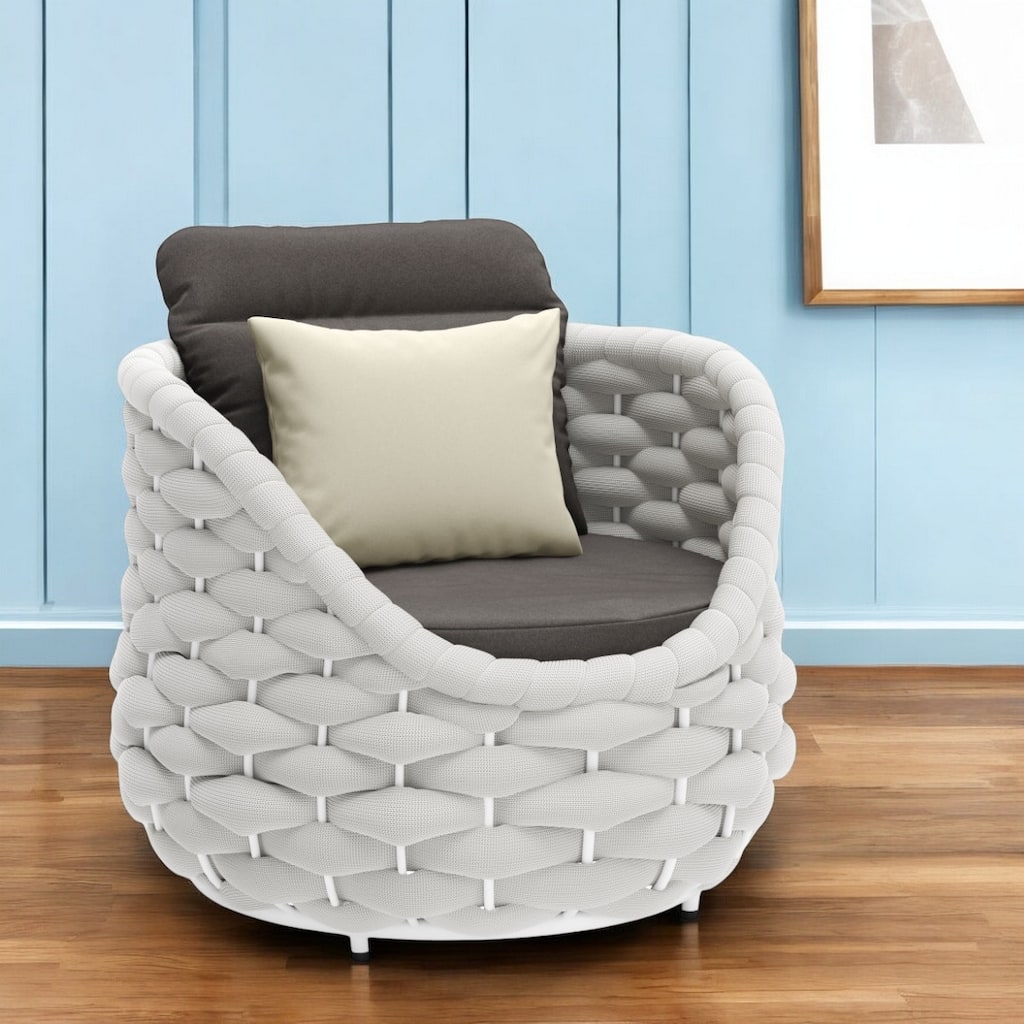 HomeRoots 34" Gray And White Olefin Barrel Chair And Toss Pillow - 34' X '33.9' X '34