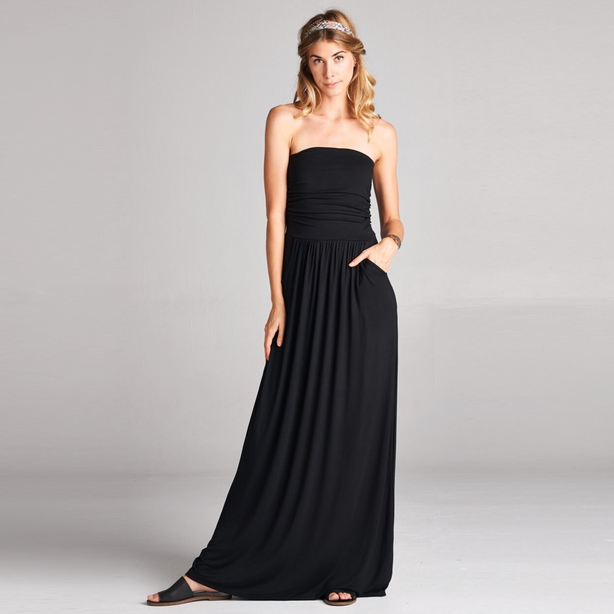strapless maxi dress with pockets