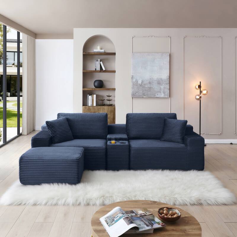 Modular Sectional Sofa, Deep Seat Corduroy Cloud Couch with Cup Holders, USB Ports & Storage Box