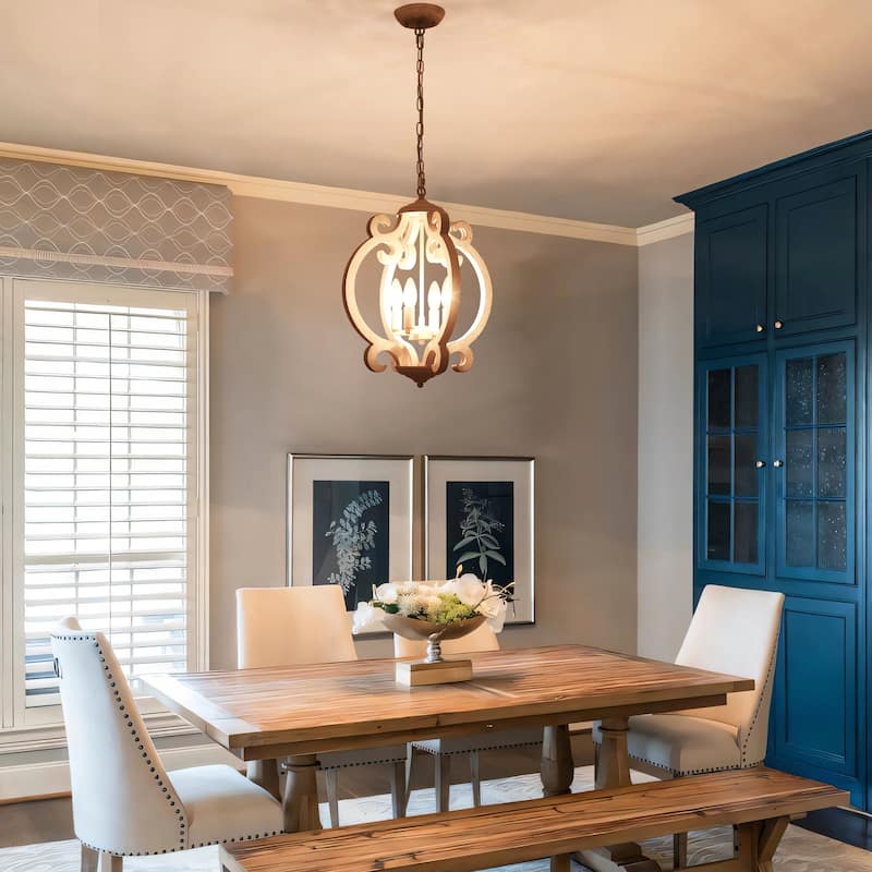 4-Light Antique Wood French Country Chandelier Vintage Pendant for Dining Room