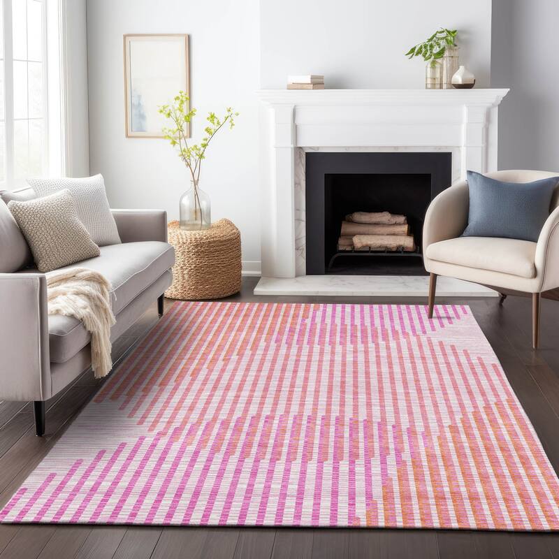 Machine Washable Indoor/ Outdoor Abstract Stripe Chantille Rug