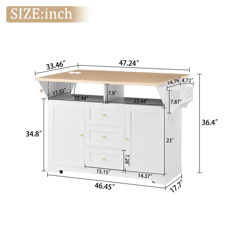 Multifunctional Extendable Kitchen Island Cart with US Standard Outlet, 5 Wheels Mobile Kitchen Storage Cabinet