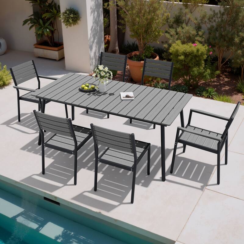 7-Piece Outdoor Patio Dining Set Wood-Like Table Top Alumium Umbrella Hole Table with Stackable Chairs - Grey