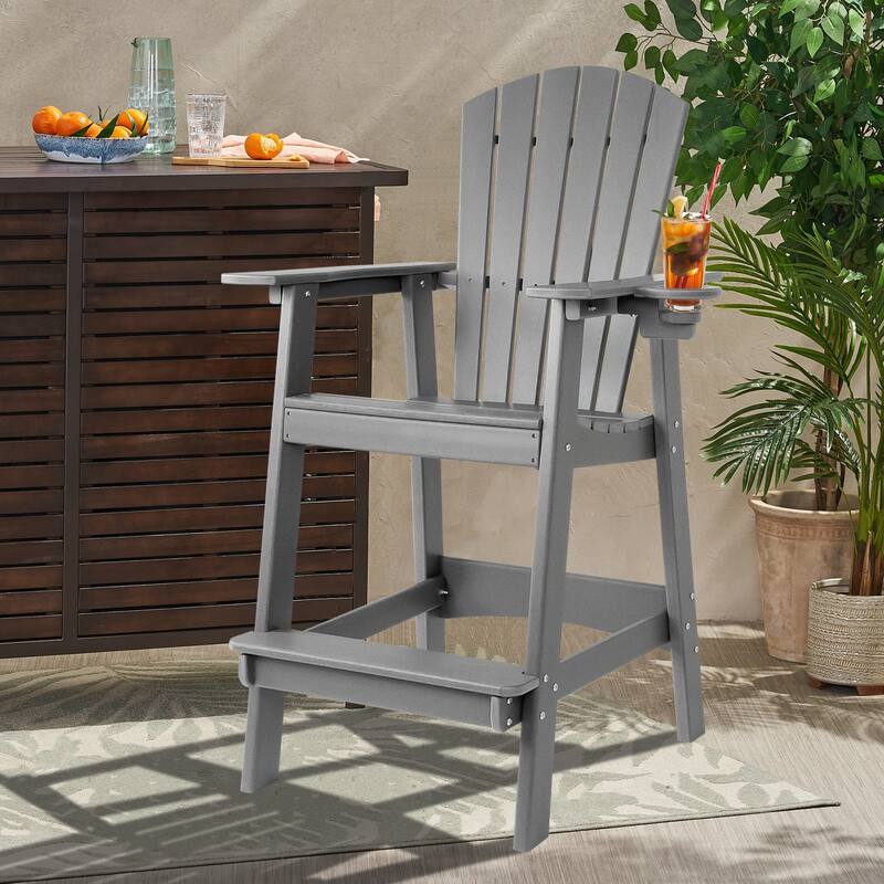 Vrakae Tall Adirondack Bar Stool Chair with Cup Holder - Grey