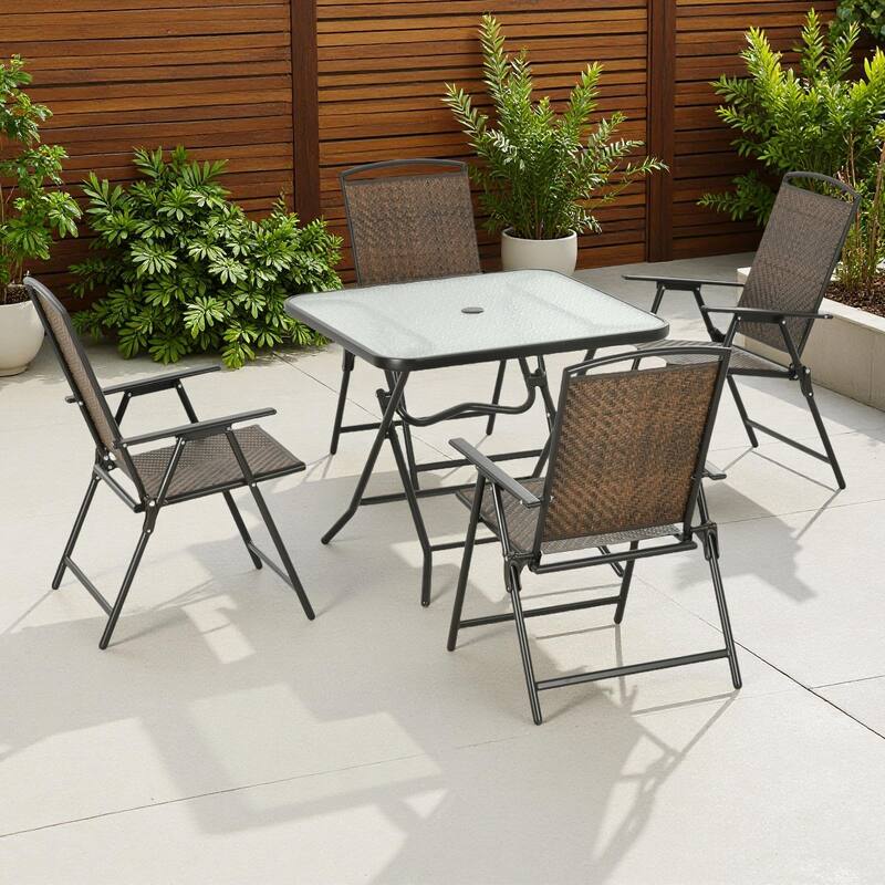 5-Piece Outdoor Patio Folding Dining Set with 2 Folding Chairs, Tempered Glass Foldable Table, and Umbrella Hole - Brown