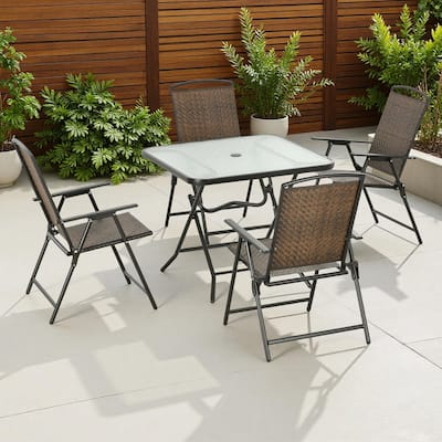 5-Piece Outdoor Patio Folding Dining Set with 2 Folding Chairs, Tempered Glass Foldable Table, and Umbrella Hole