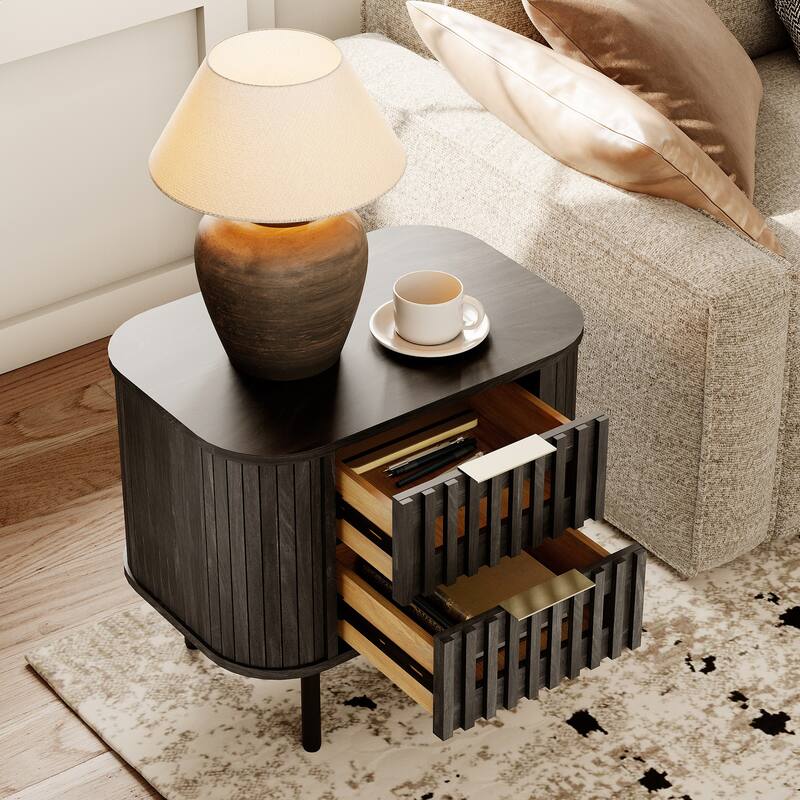 WAMPAT Fluted Nightstand with 2 Drawers,Wood End Table for Bedroom, Living Room
