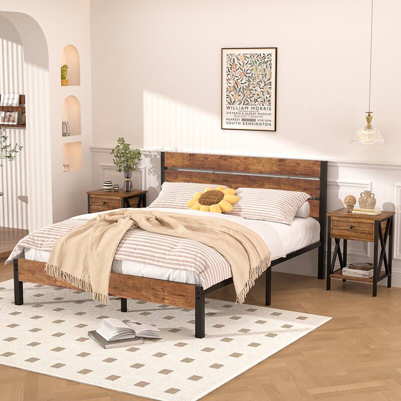 3-Pieces Bed Frame with Wood Headboard and Modern Nightstands Set of 2