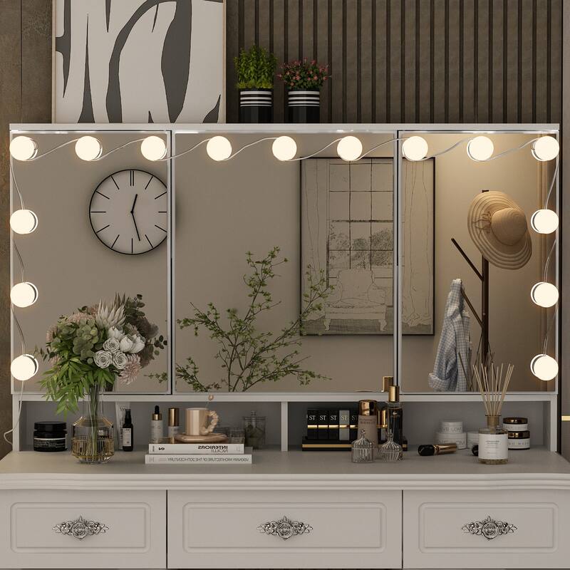 Contemporary Beauty Station - White Vanity Desk Makeup Vanity Dressing - 40.2"Wx54.1"H