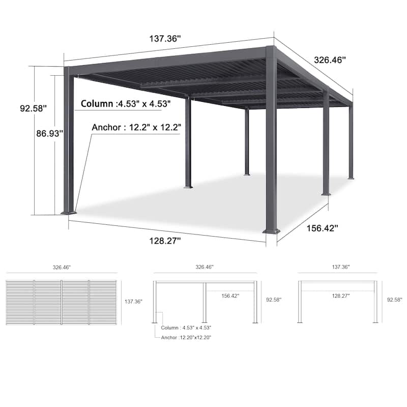 PURPLE LEAF Outdoor Louvered Pergola with Adjustable Metal Roof for Patio Pergola - 11.4' x 27.2' - Grey