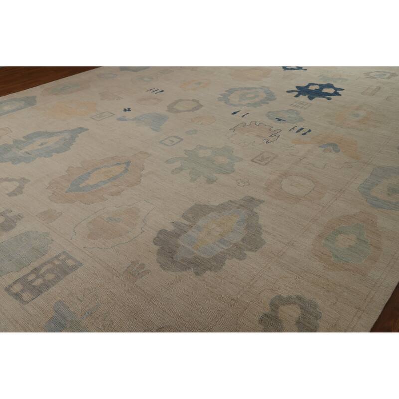 Hand Knotted Oriental 100% Wool Carpet Transitional All-Over Beige & Ivories Oushak Area Rug - 14' 8'' X 11' 10''
