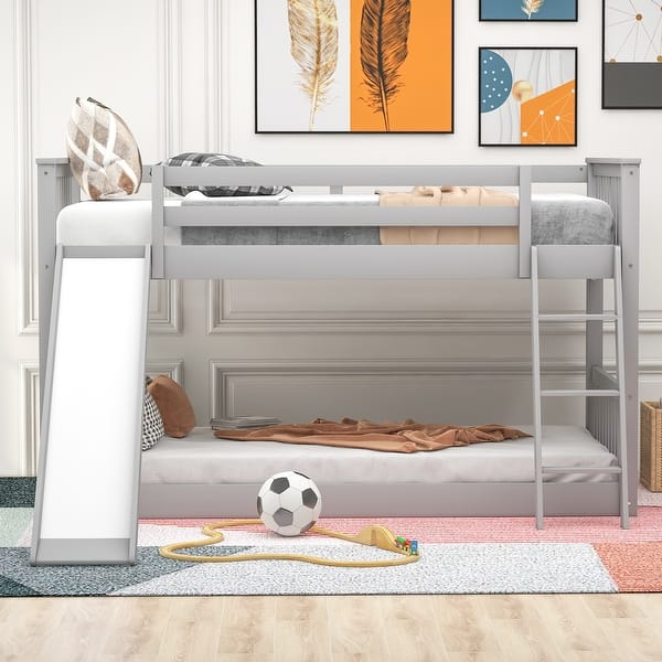 slide 2 of 21, Twin Over Twin Floor Bunk Bed with Convertible Slide&Ladder, Wooden Low Bunk Bed Frame for Kids Girls Boys, No Box Spring Needed Grey - Twin