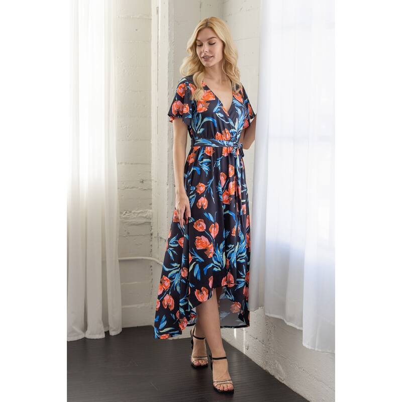 24seven Comfort Apparel Womens Black Floral V Neck Belted High Low Faux Wrap Dress