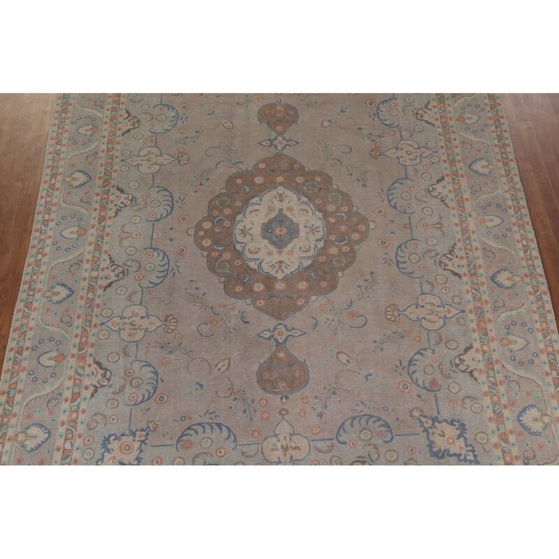 Hand Knotted Oriental 100% Wool Carpet Traditional Floral Beige & Ivories Tabriz Area Rug - 13' 3'' X 9' 10''