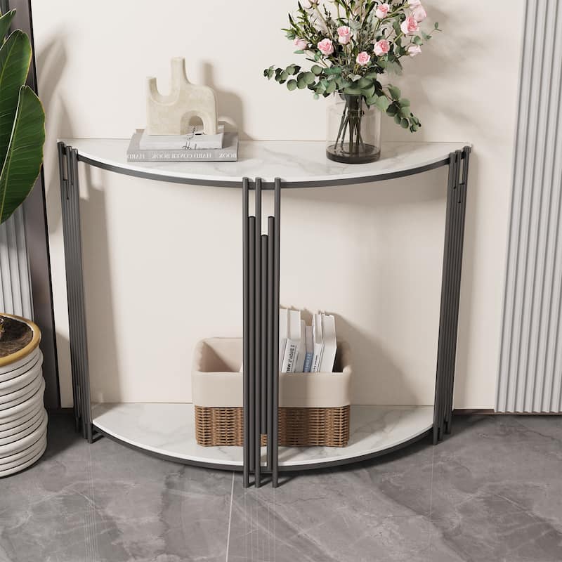 Half Moon Tiered Marble Effect Entry Console Table Hallway Entryway Furniture - 32.09x12.6x32.28''