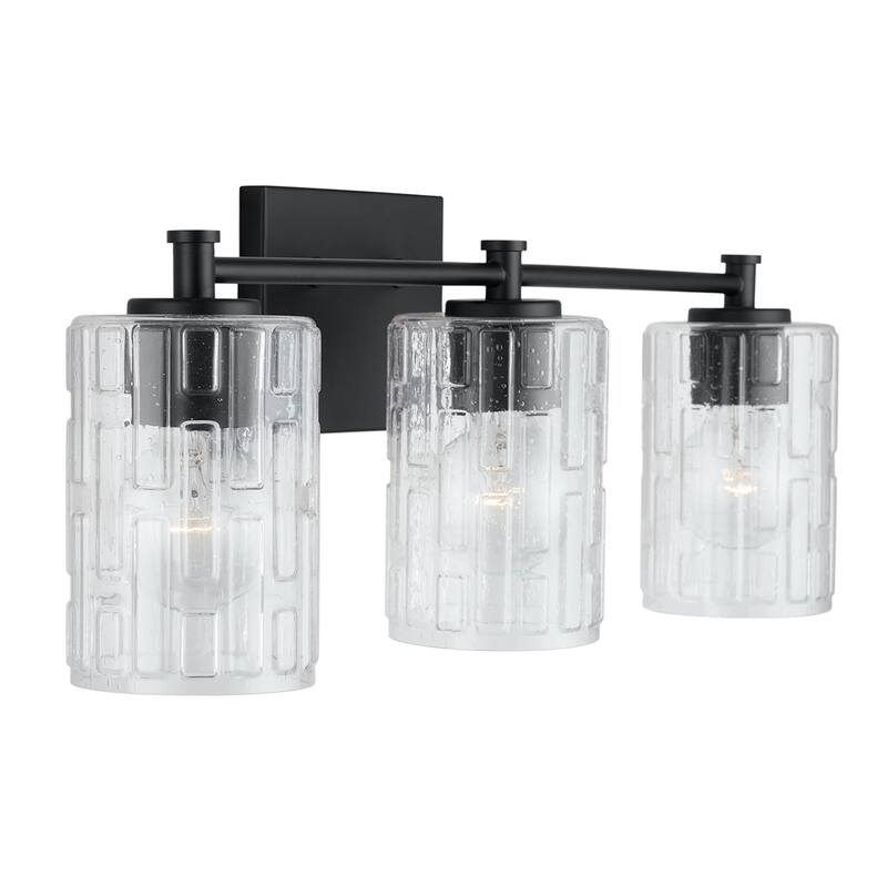 Emerson 3-light Bath/ Vanity Fixture w/ Embossed Seeded Glass - Matte Black