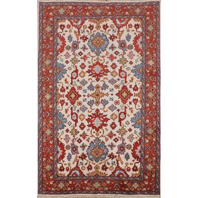 All-Over Ivory Oushak Indian Accent Rug Handmade Wool Carpet - 4'0" X 5'11"