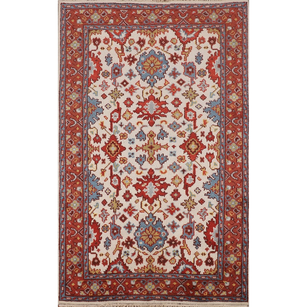 All-Over Ivory Oushak Indian Accent Rug Handmade Wool Carpet - 4'0" X 5'11"