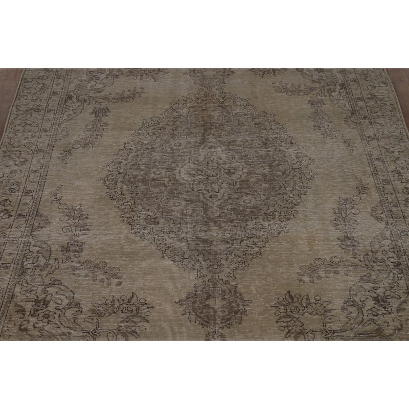 Distressed Tabriz Persian Area Rug Hand-Knotted Green Wool Carpet - 6'5" x 9'0"
