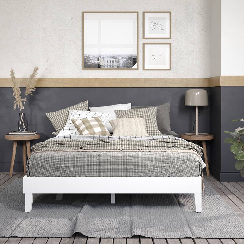 Queen Size Wood Platform Bed with 28-Slat Support System - White
