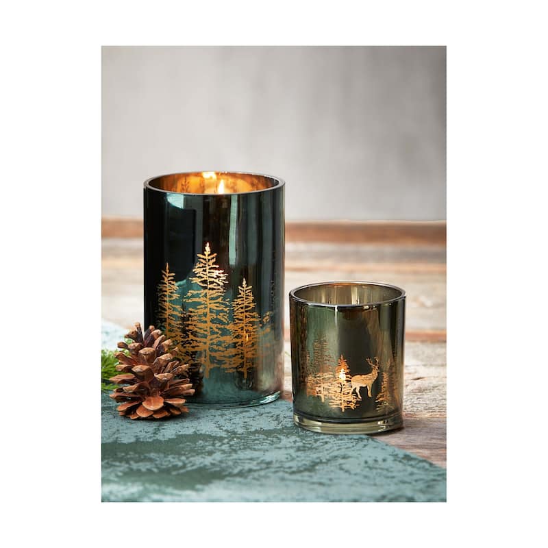 Wilde Pine Tree Green Mercury Glass Tealight Candle Holder, 3.15 x 3.15 x 3.15