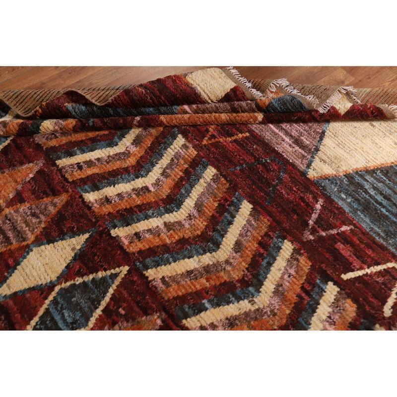 Hand Knotted Oriental 100% Wool Carpet Modern Tribal Red Moroccan Area Rug - 9' 11'' X 6' 4''