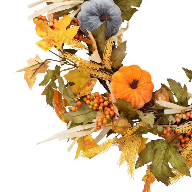 Velvet Pumpkins Wheat Artificial Fall Harvest Wreath - 24-Inch, Unlit