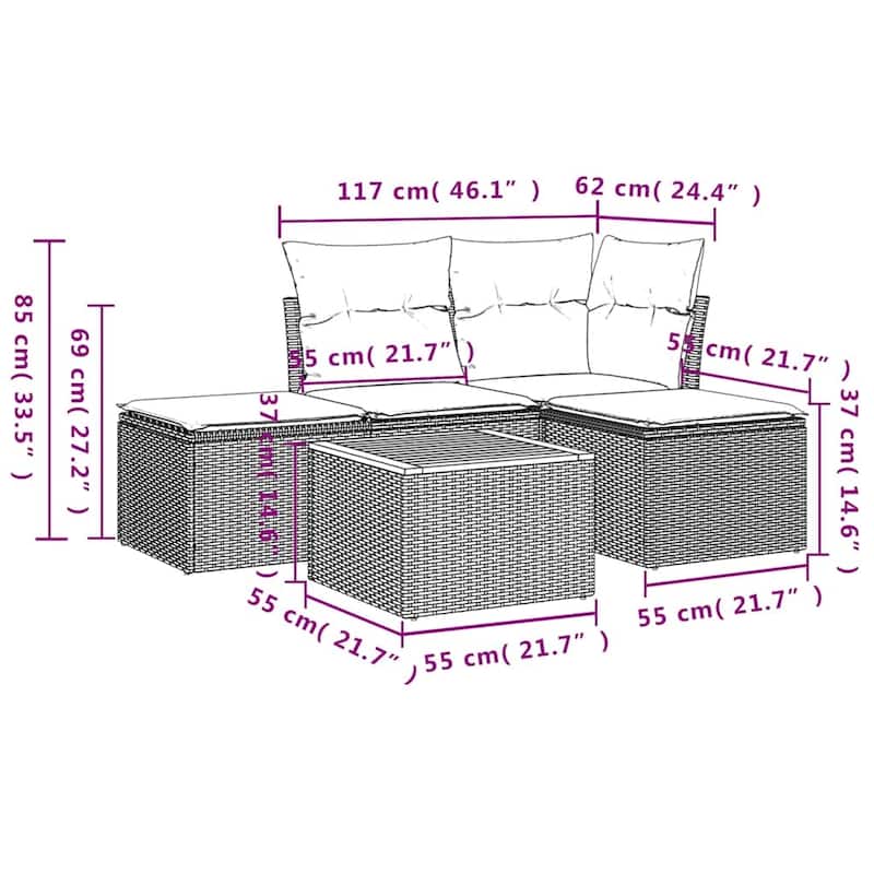 vidaXL Garden Sofa Set Black PE Rattan 5 Piece Modular Garden Sofa Set - 21.7 x 21.7 x 14.6