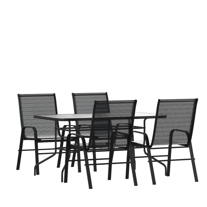 5 Piece Patio Dining Set - Glass Table, 4 Flex Stack Chairs