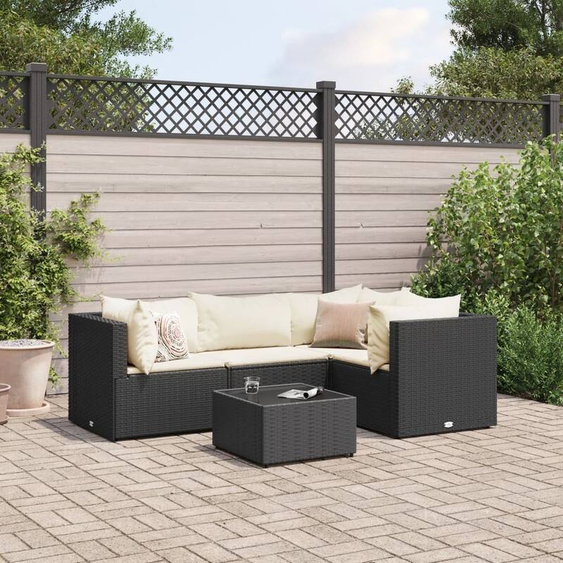 vidaXL Patio Lounge Set with Cushions Sectional Sofa Garden Backyard Poly Rattan - 24.8 x 24.8 x 22.6 - Black and cream without table