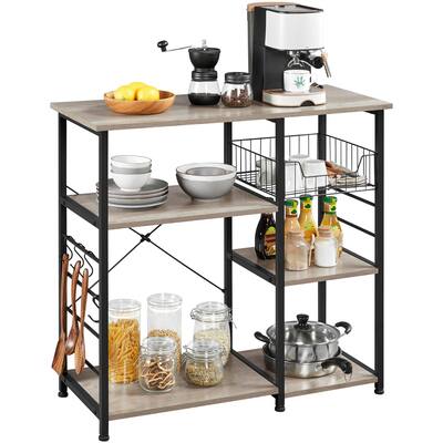 Kitchen Bakers Rack w/Wire Basket, Coffee Bar Table Station Microwave Oven Stand Kitchen Storage Shelf w/6 S-Shaped Side Hooks