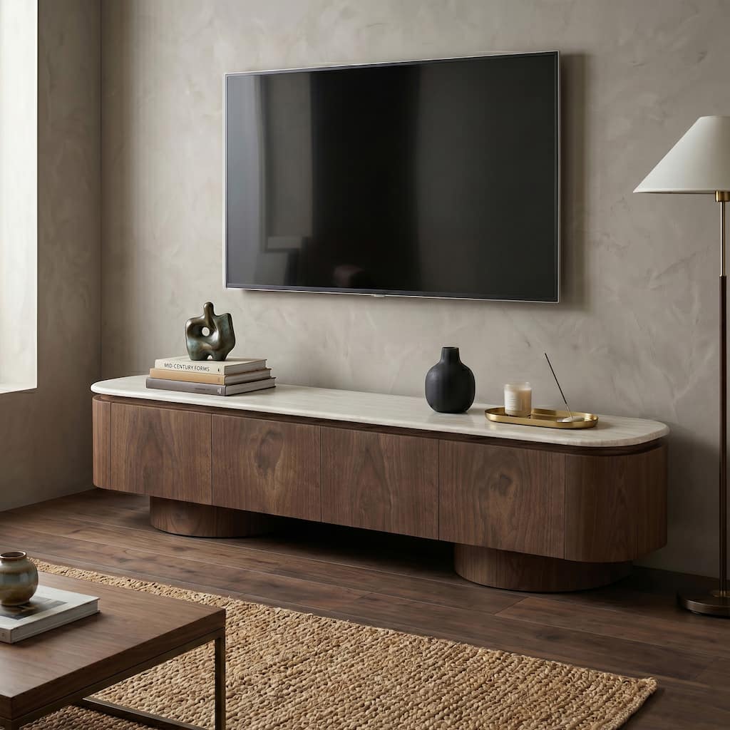Furniture of America Yovik Modern Walnut Wood TV Stand with Sintered Stone Top