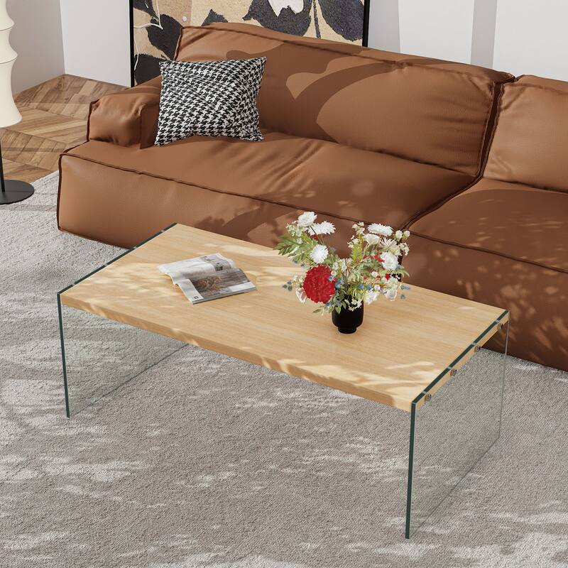 Modern Tempered Glass Coffee Table Floating Wood Tabletop - 48" L x 24" W x 18" H