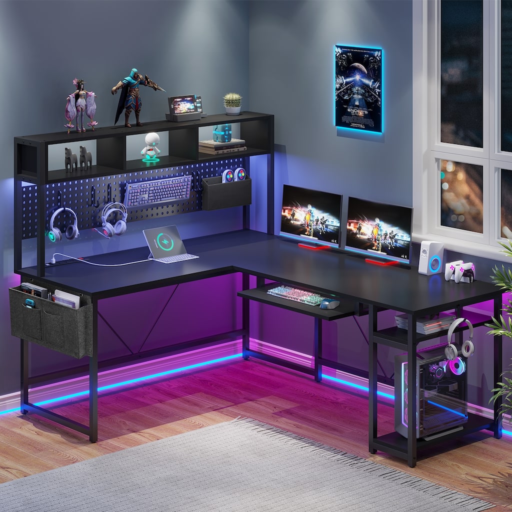 L Shaped Gaming Desk Computer Desk Corner Desk Pegboard Power Outlet