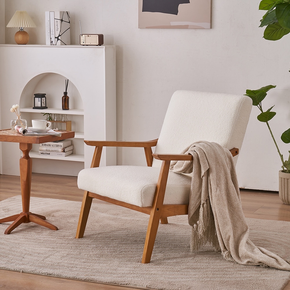 Solid Wood Armrest Teddy Velvet Simple Single Indoor Lounge Chair