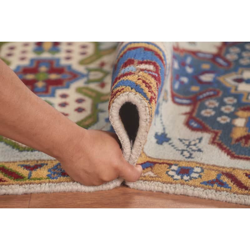 Geometric Kazak Accent Rug Handmade Oriental Blue Wool Carpet - 2'7"x 5'10"